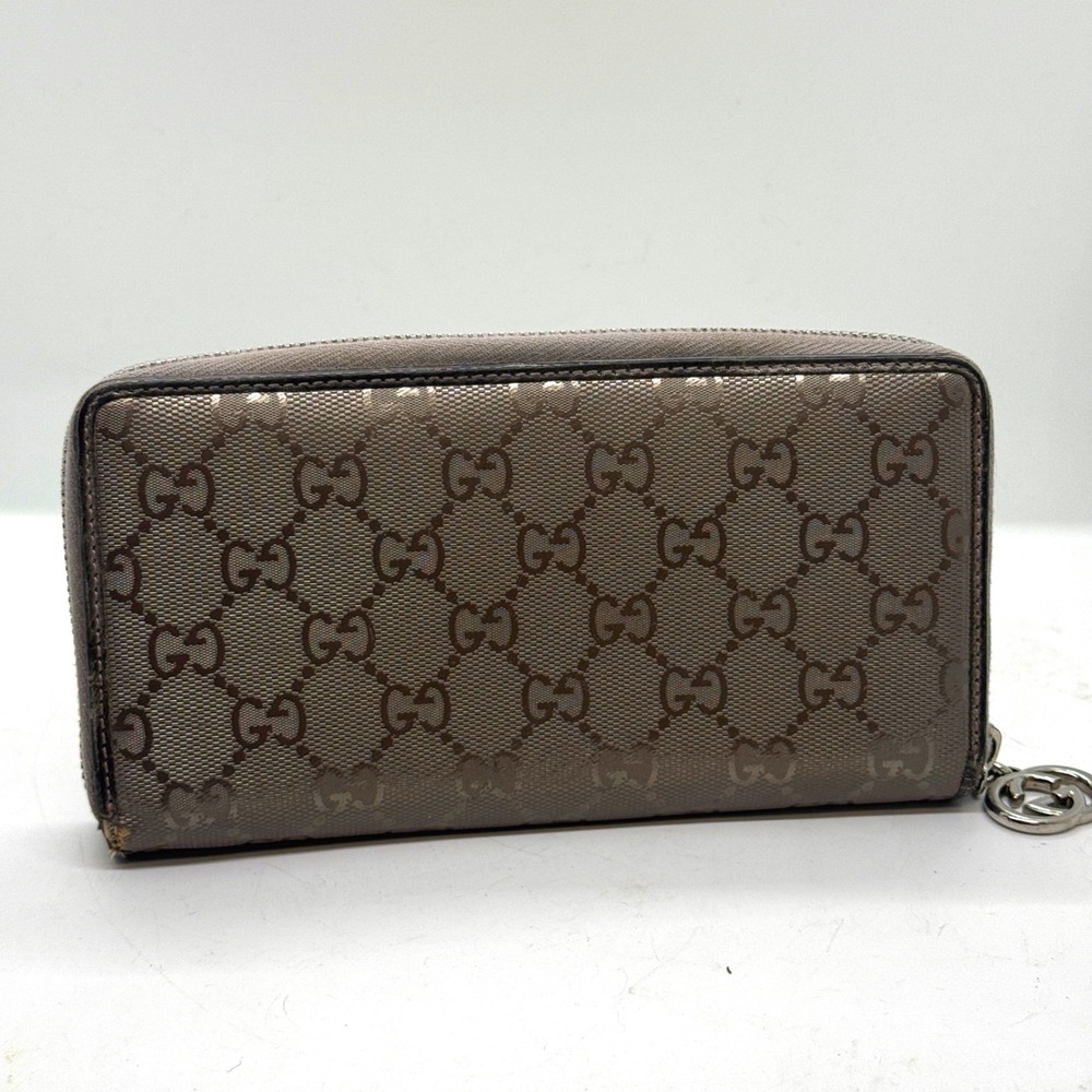 Gucci GG Monogram Zip Around Wallet Silver Purple Gray Leather PVC Mirror